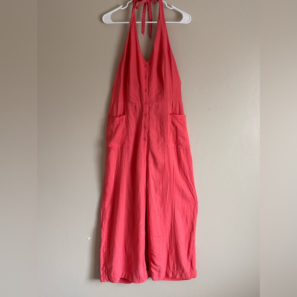LASCANA 8 Jumpsuit Coral Button Front Wide Leg Halter Neck 55% Linen Pockets